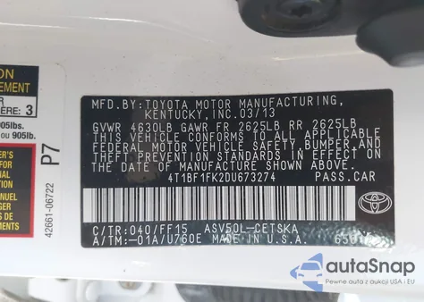 2013 Toyota Camry Se from USA, damaged, VIN 4T1BF1FK2DU673274